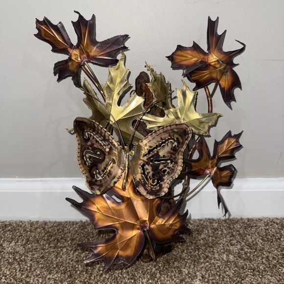 Other - Vtg MCM Metal Wall Art Butterfly & Maple Leaves Brass Copper Brutalist Wood
